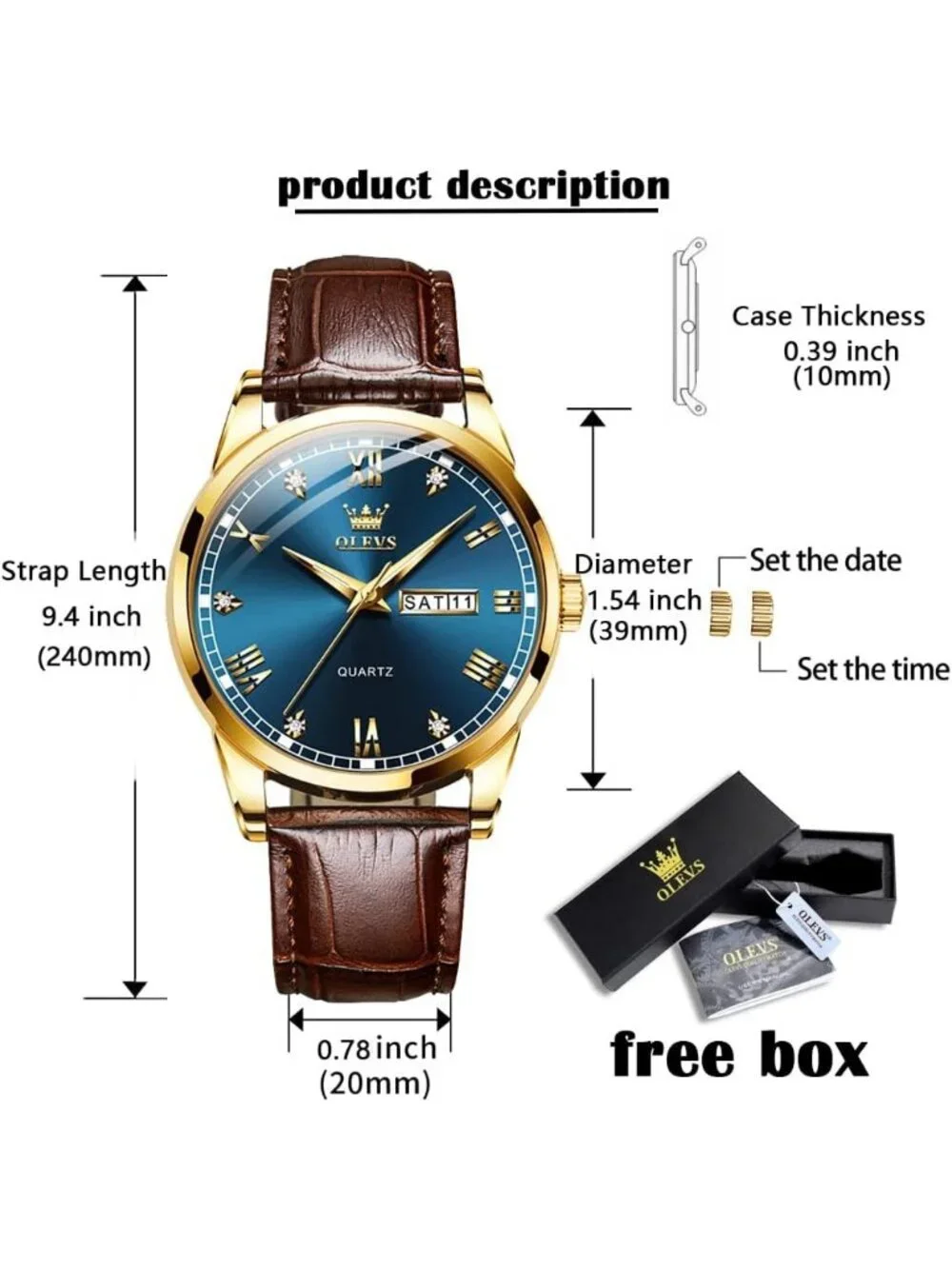 Men's Blue Fashion Quartz Leather Brown Buckle Waterproof Luminous Round Watch